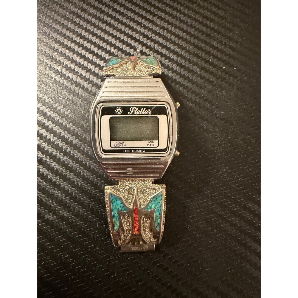 Vintage Stellar LCD Quartz Digital Watch Turquoise Coral Inlay Silver Tone Band